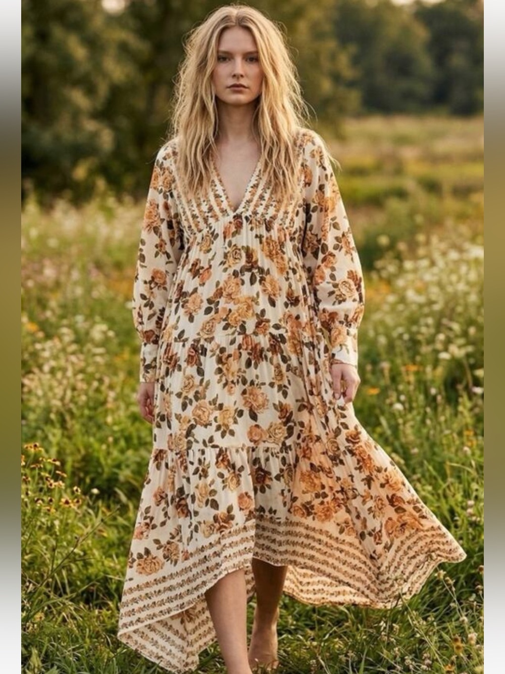 Free People Rows Of Roses Maxi Dress in Ivory with yellow roses